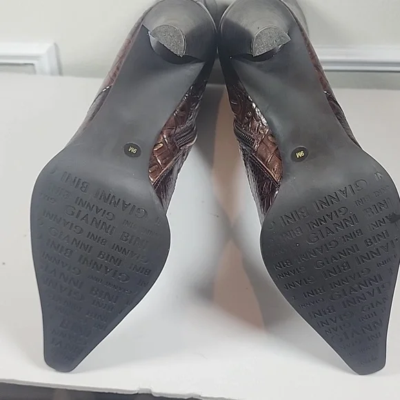 Gianni Bini Brown Croc-Embossed Heeled Boots - Picture 9 of 11